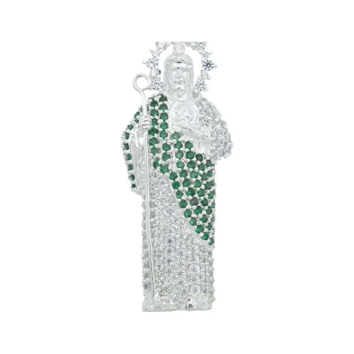 Dije Medalla San Judas Tadeo Plata Ley .925 Zirconia Verde Grande - Imagen 2
