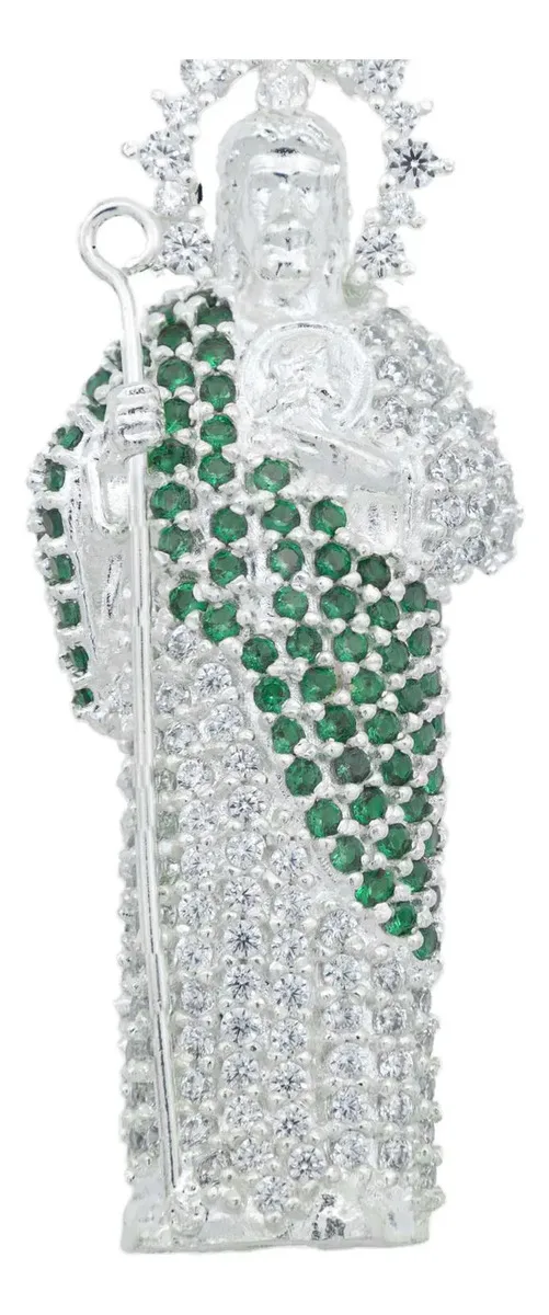 Dije Medalla San Judas Tadeo Plata Ley .925 Zirconia Verde Grande - Imagen 1