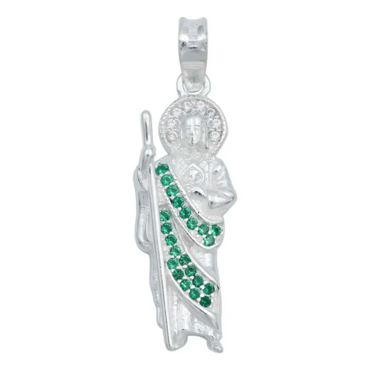 Medalla Dije San Judas Tadeo Plata Ley .925 con Zirconia Verde, joyería religiosa plata moderna, regalo de protección, ideal