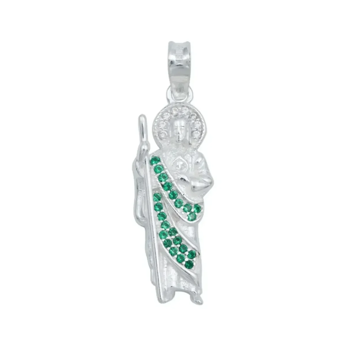 Medalla Dije San Judas Tadeo Plata Ley .925 con Zirconia Verde, joyería religiosa plata moderna, regalo de protección, ideal