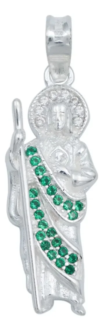Medalla Dije San Judas Tadeo Plata Ley .925 con Zirconia Verde, joyería religiosa plata moderna, regalo de protección, ideal