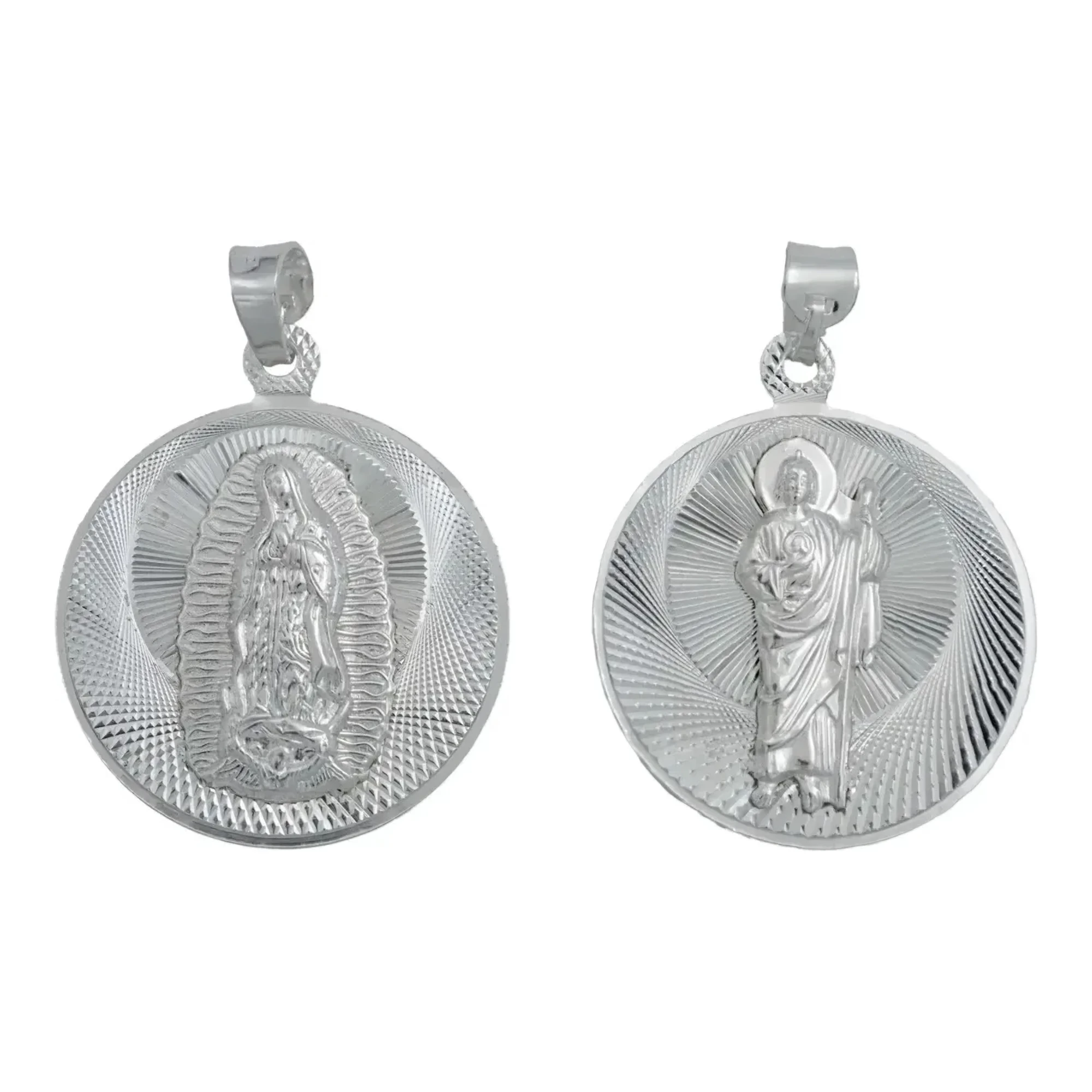 Dije medalla doble vista San Judas Virgen Guadalupe plata .925 nacional plateada redonda religiosa unisex de diez milimetros
