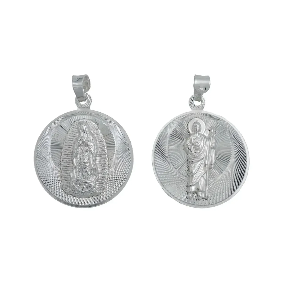 Dije Medalla San Judas Tadeo Virgen Guadalupe Plata .925 doble vista. Colgante religioso de plata ley 925, joyería mexicana a