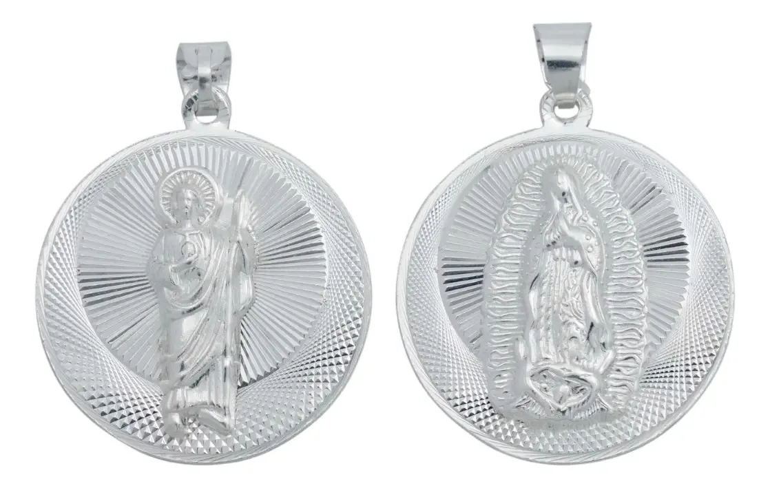 Dije medalla plata .925 nacional brillante doble vista San Judas Tadeo y Virgen de Guadalupe, joyería espiritual auténtica.