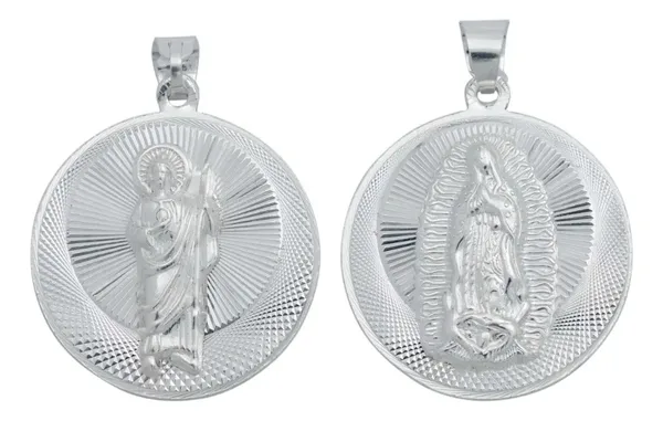 Dije Medalla San Judas Tadeo y Virgen de Guadalupe Plata .925 Doble Vista - Imagen 1