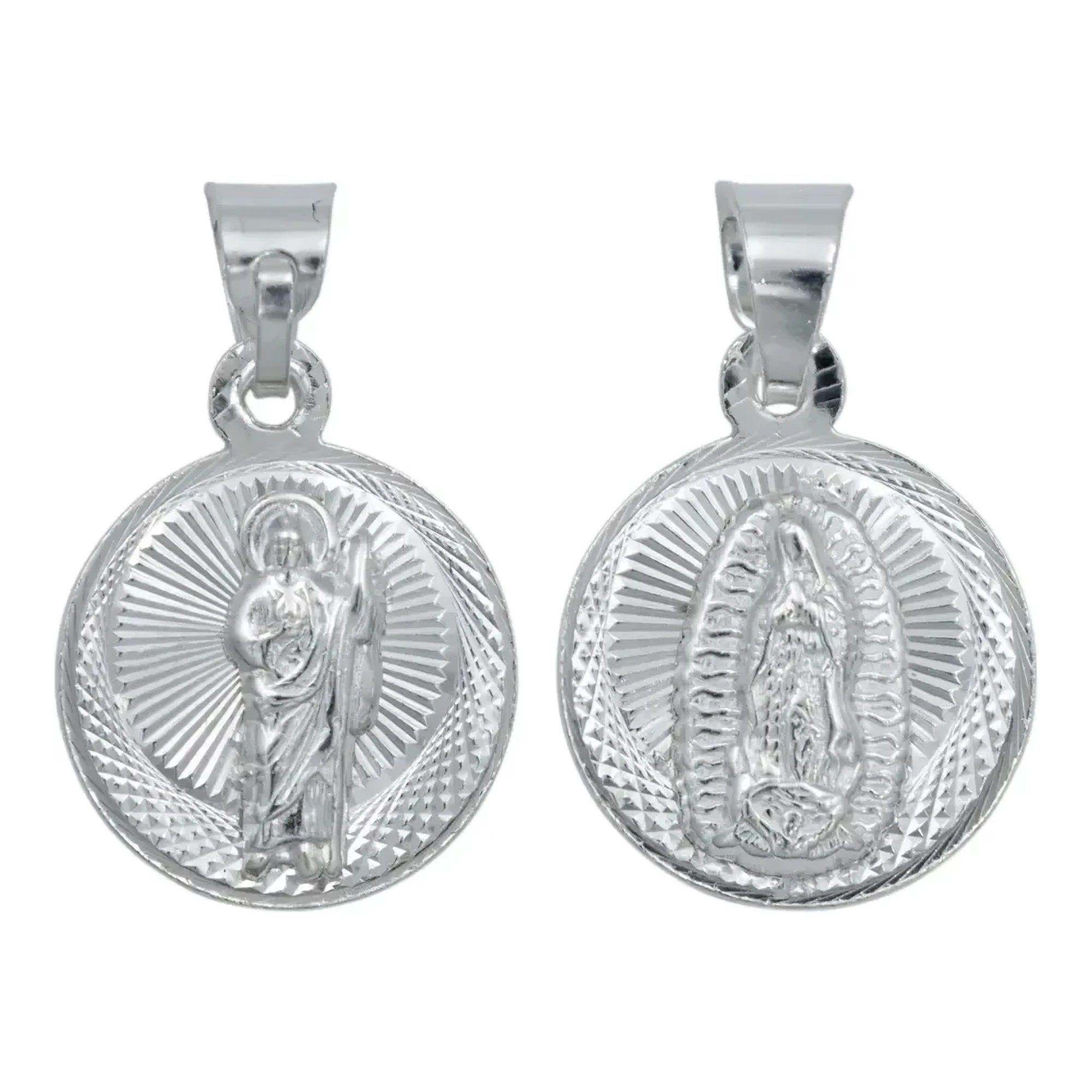 Medalla doble cara San Judas Tadeo y Virgen de Guadalupe en plata ley .925 brillante de diez milímetros con broche
