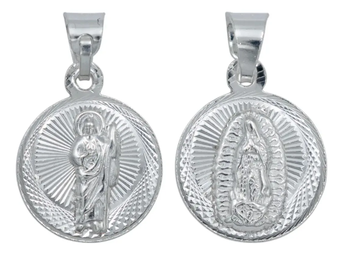 Dije Medalla Doble Vista San Judas y Virgencita Plata .925, joyería artesanal mexicana, amuleto de plata de protección