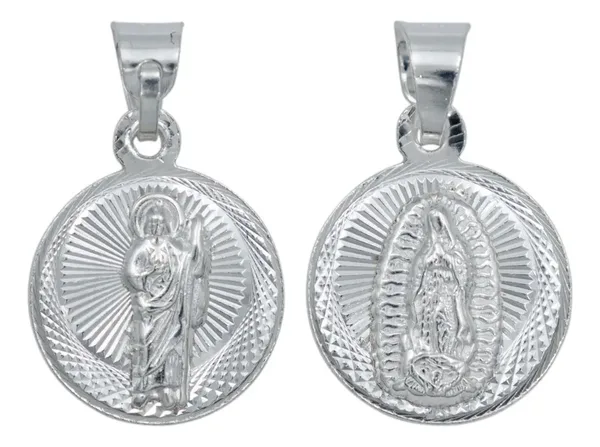 Dije Medalla San Judas y Virgencita Doble Vista Plata Ley .925 Religioso - Imagen 1