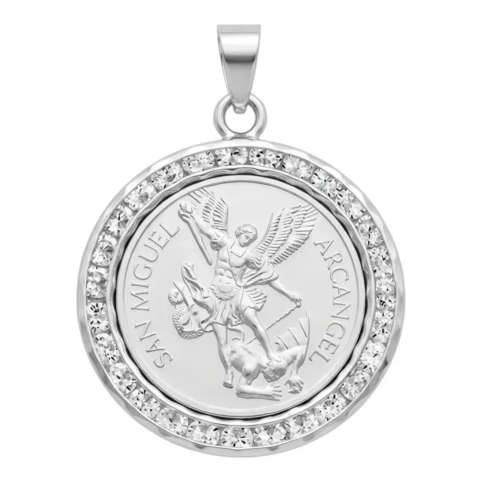Dije medalla San Miguel Arcángel en plata .999 pura nacional con zirconia blanca y broche perico con fino acabado espejo