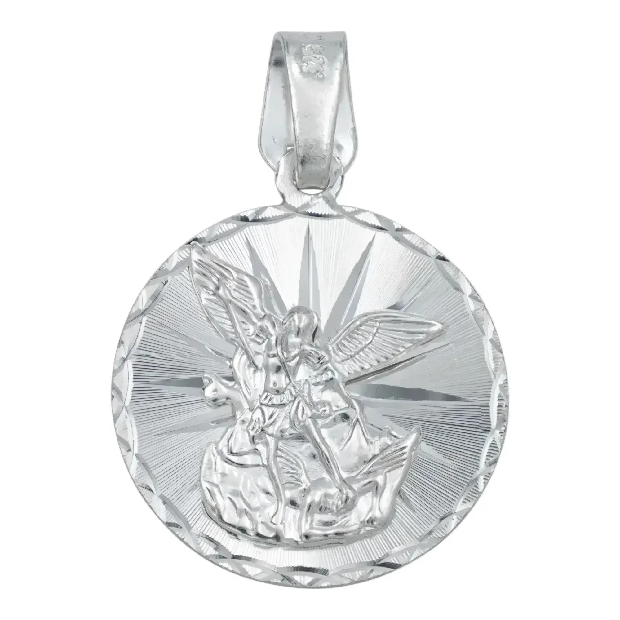 Dije medalla San Miguel Arcángel plata .925 diamantada brillante de 10 mm con broche perico para collar masculino protector