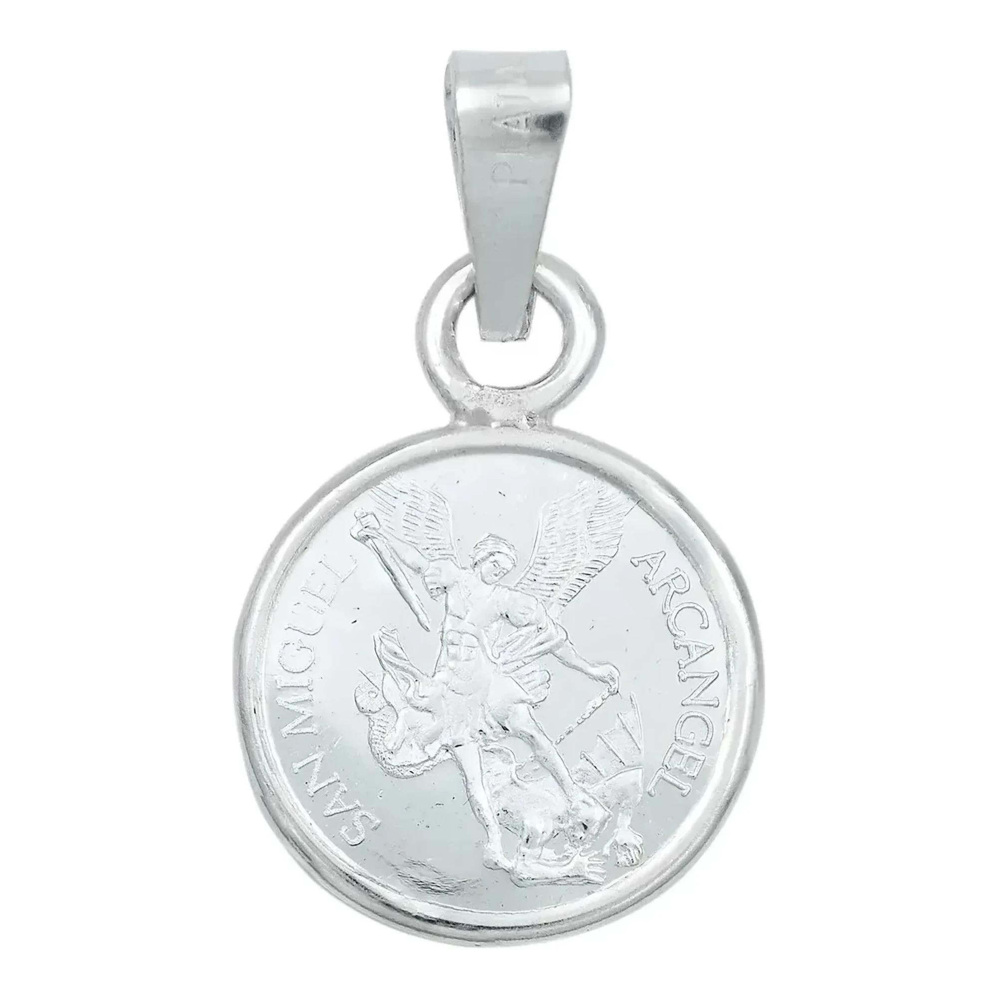 Dije medalla San Miguel Arcángel plata pura .999 nacional acabado espejo con broche perico colgante religioso protector 1.3g