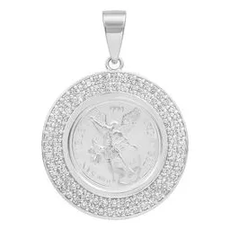 Dije Medalla San Miguel Doble Halo Plata .999 con Zirconia - Imagen 1