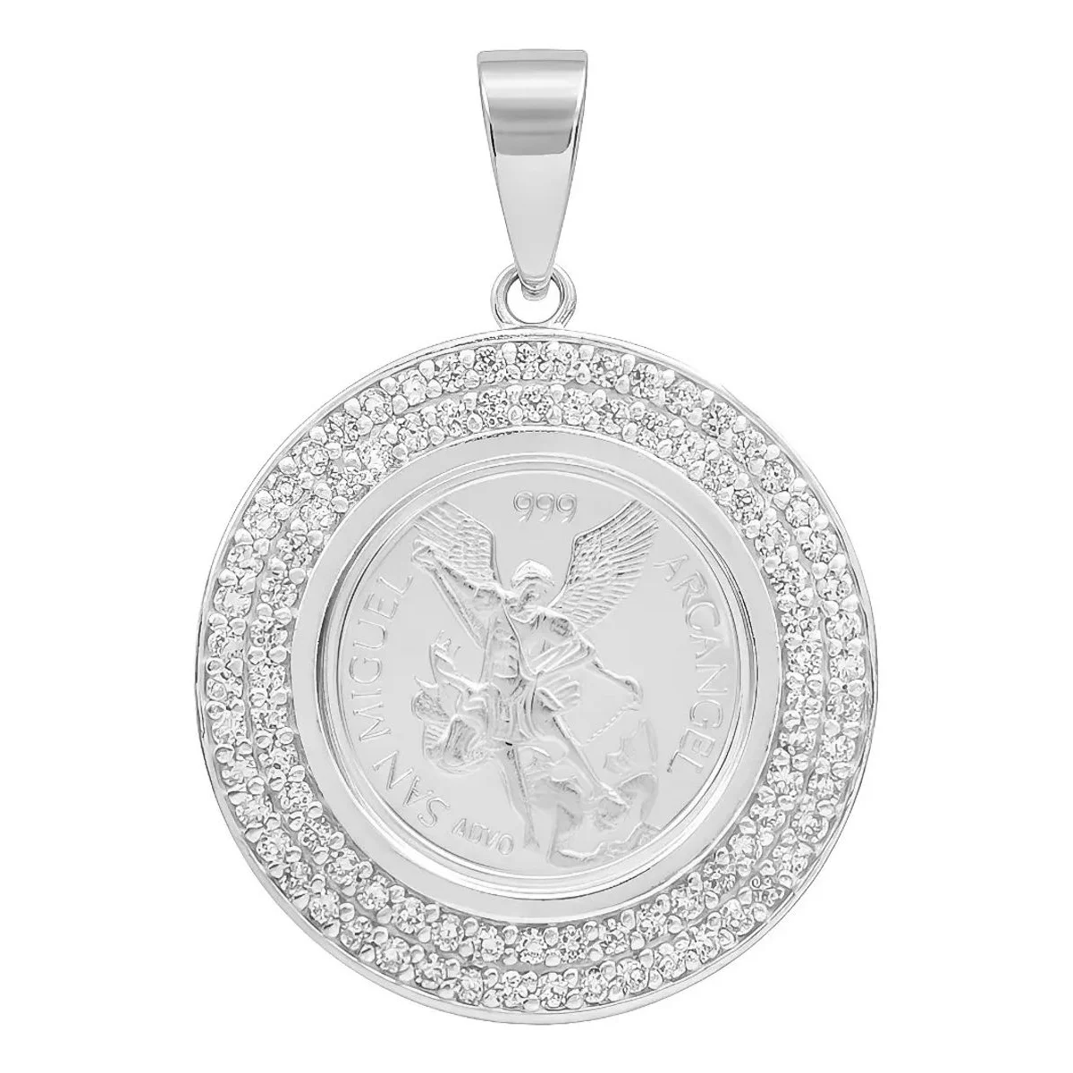 Dije Medalla San Miguel Doble Halo Plata .999 con Zirconia - Imagen 1