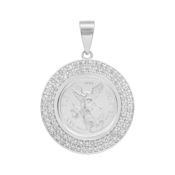 Dije Medalla San Miguel Doble Halo Plata .999 con Zirconia - Imagen 1