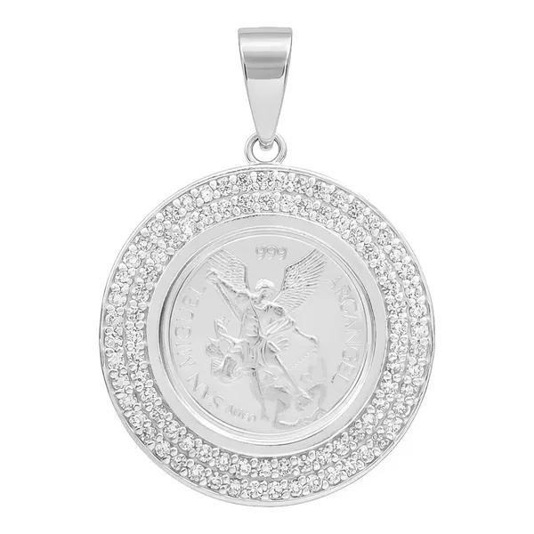 Dije Medalla San Miguel Doble Halo Plata .999 con Zirconia - Imagen 1