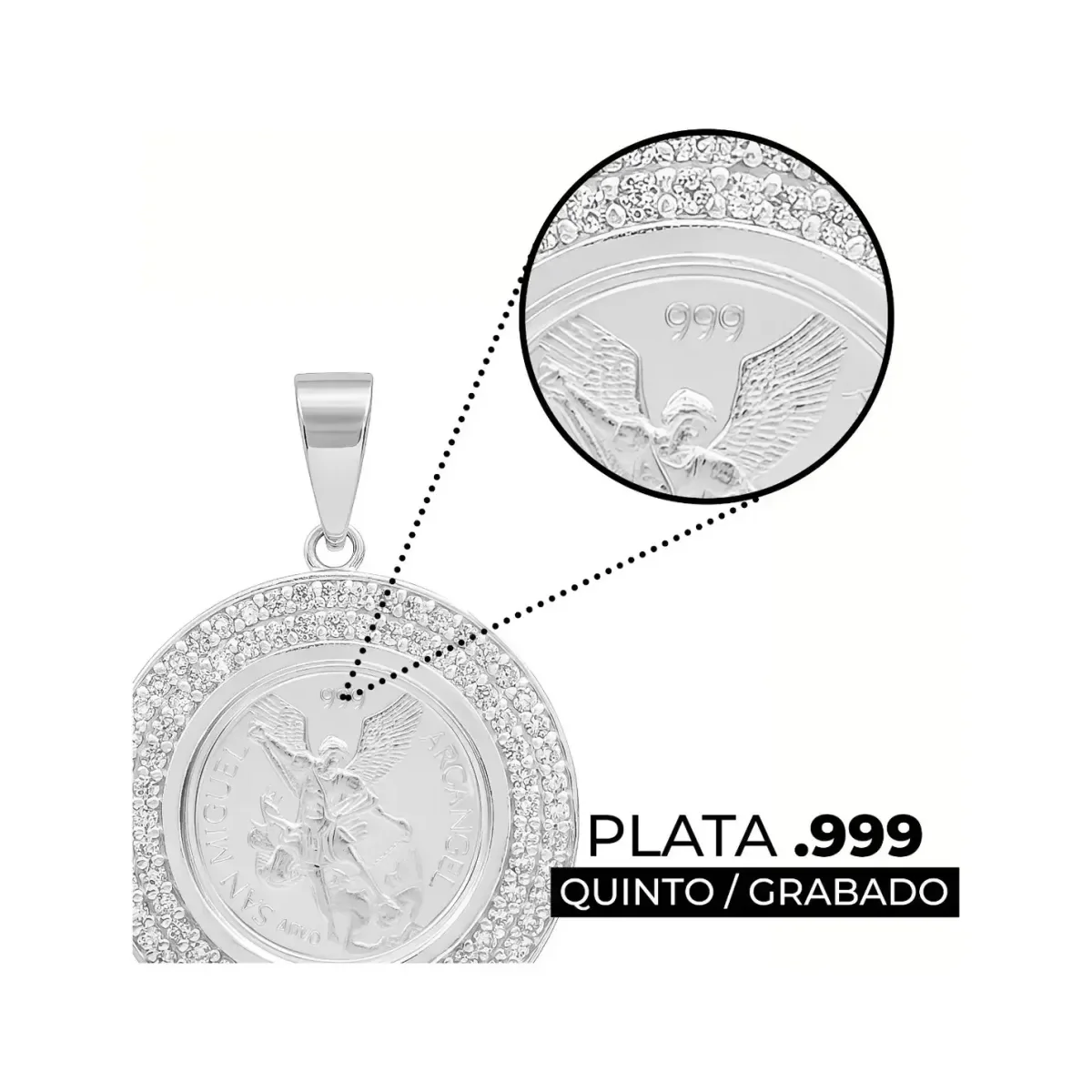 Dije Medalla San Miguel Doble Halo Plata .999 con Zirconia - Imagen 3