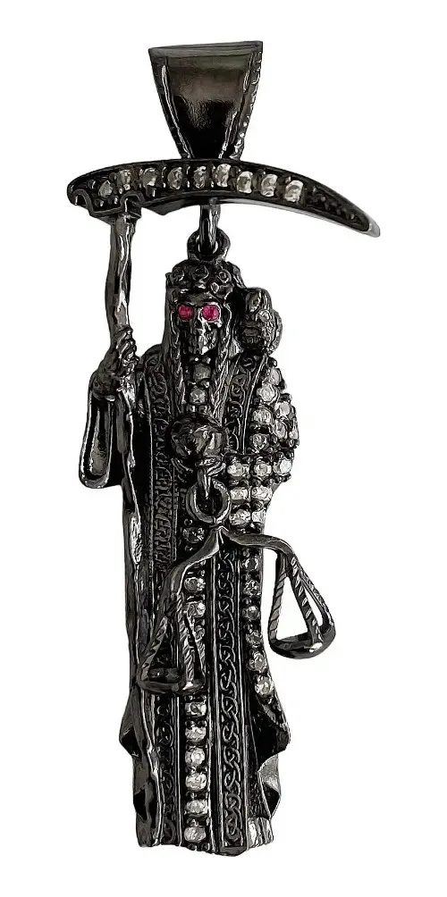 Dije Medalla Santa Muerte con Zirconias Negras Plata .925 - Imagen 1