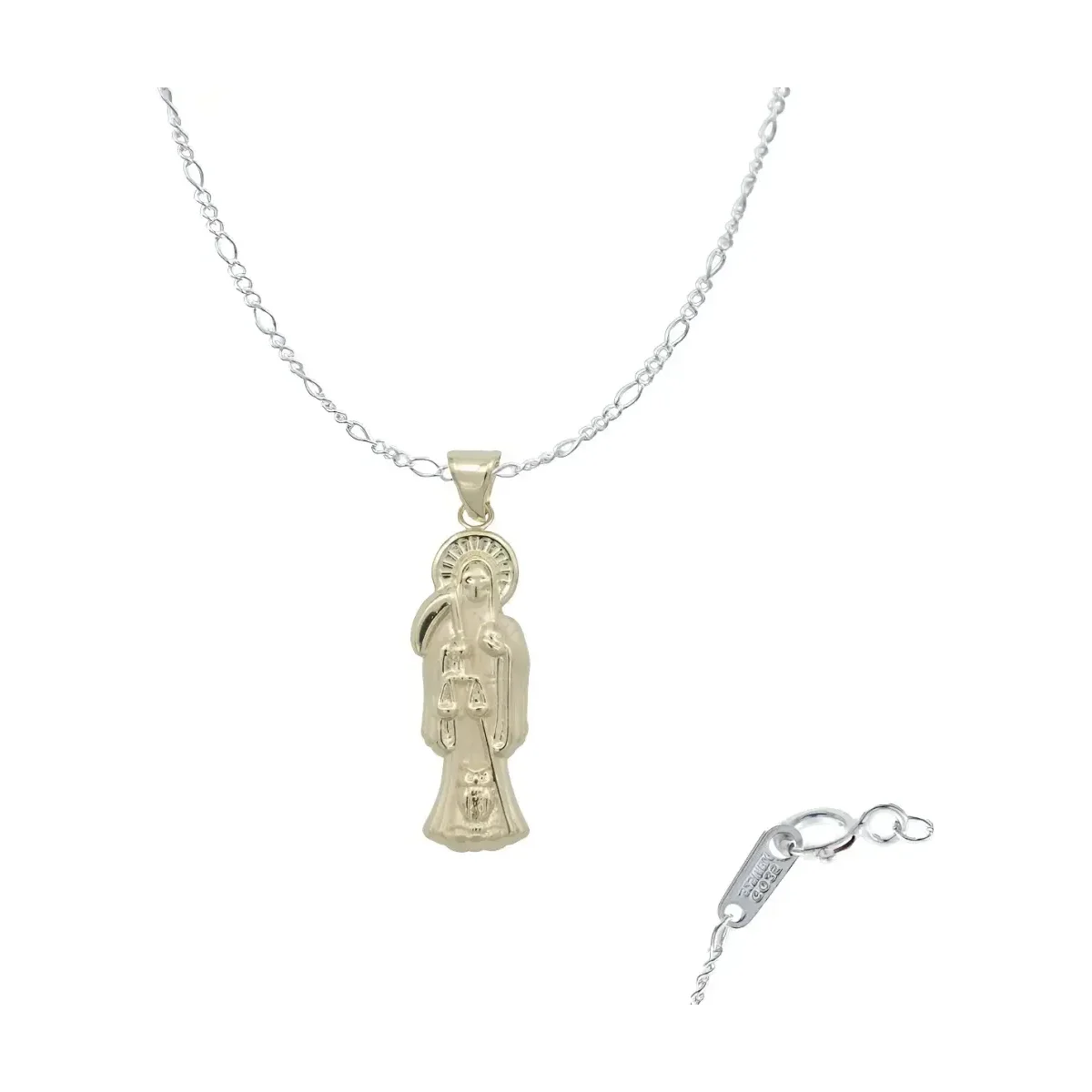 Dije Medalla Santa Muerte oro 10k liso unisex, colgante de protección en oro 10k nacional con cadena Figaro 3x1, diseño autén