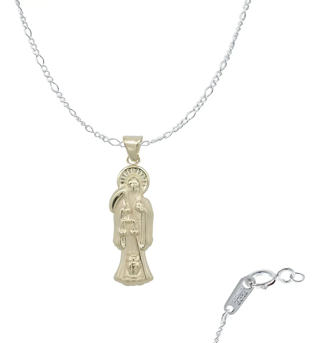 Dije Medalla Santa Muerte oro 10k liso unisex, colgante de protección en oro amarillo 10k con cadena, diseño auténtico.