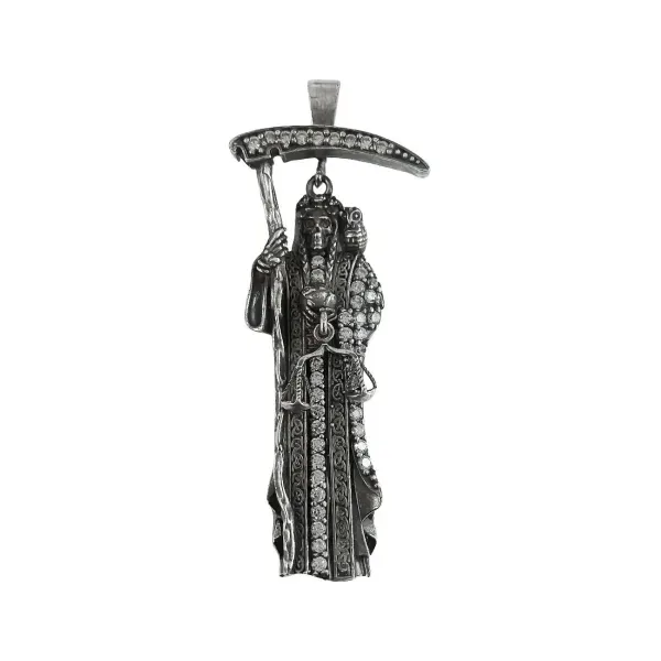 Dije Medalla Santa Muerte Plata .925 con Zirconias Negras - Imagen 1