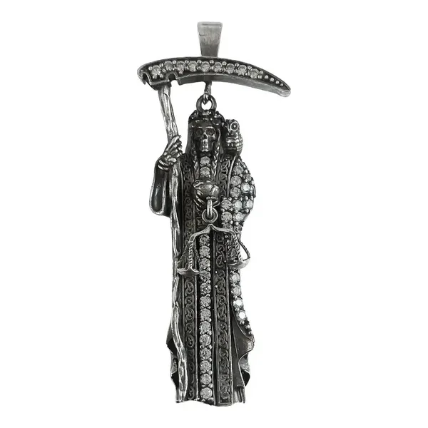 Dije Medalla Santa Muerte Plata .925 con Zirconias Negras - Imagen 1