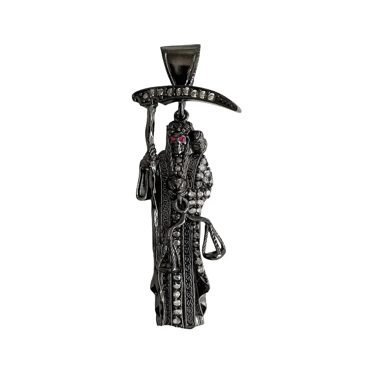 Dije Medalla Santa Muerte plata .925 con zirconias negras. Joyería gótica de calaveras, amuleto de protección unisex.