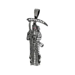 Dije Medalla Santa Muerte de Plata .925 con Zirconias Negras 50x22 mm - Imagen 1