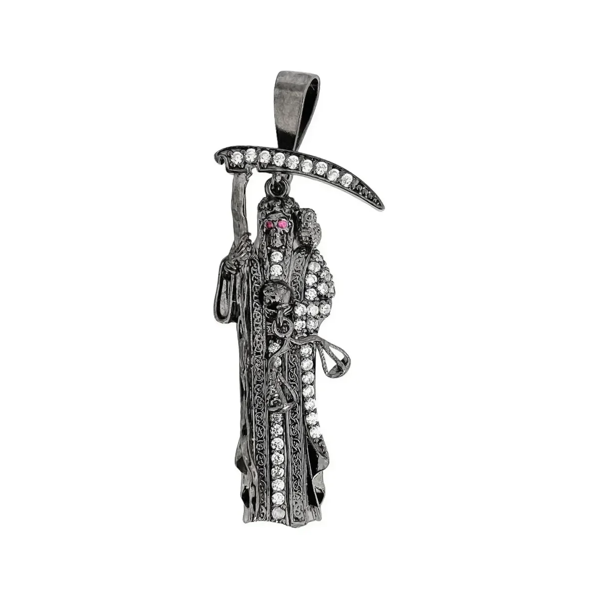Dije Medalla Santa Muerte plata 999 con Zirconias Negras - Joyaris joyería artesanal mexicana