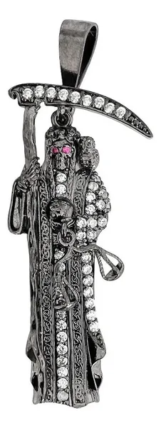 Dije Medalla Santa Muerte Plata 925 con Zirconias Negras - Imagen 1