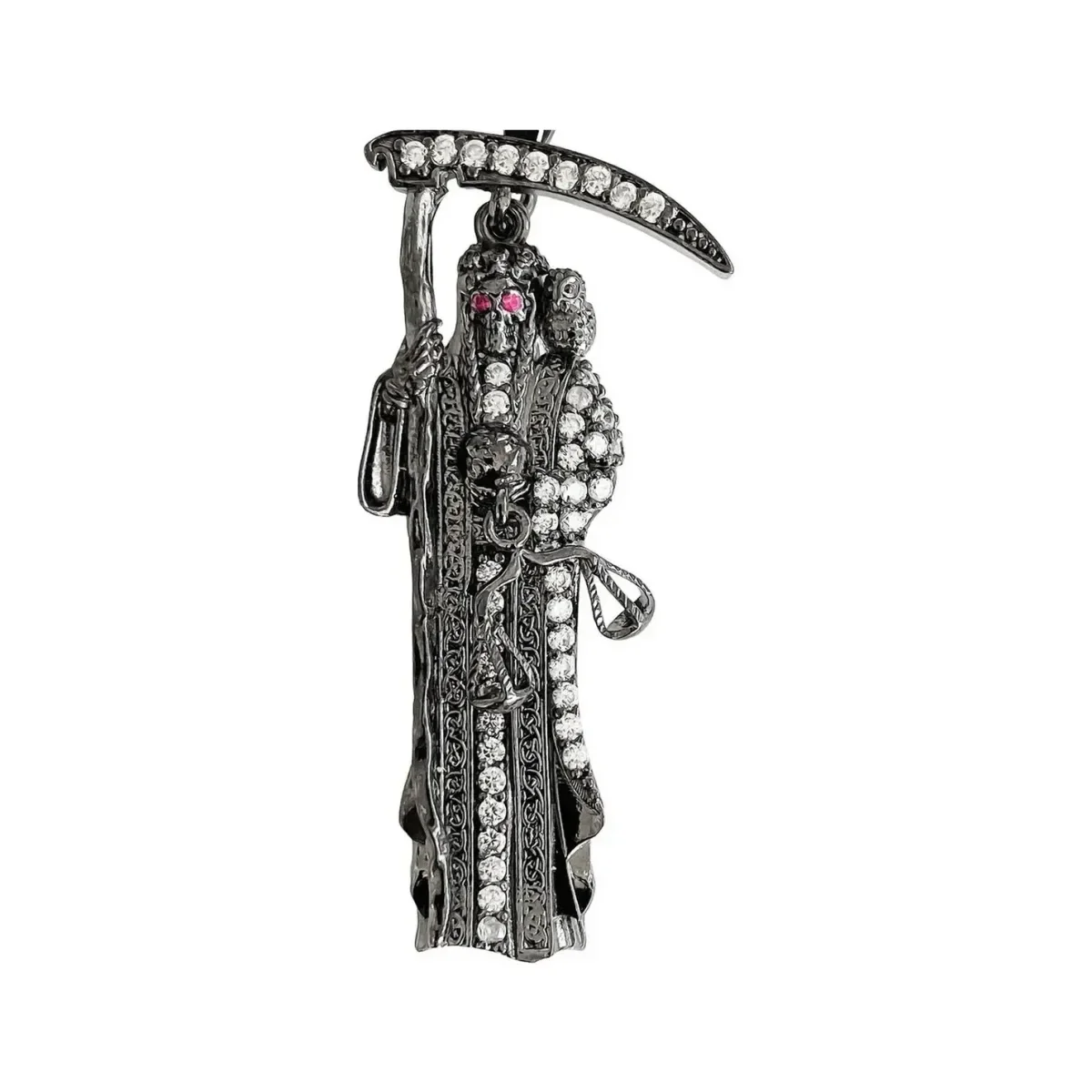 Dije Medalla Santa Muerte de Plata .999 con Zirconias Negras 50x22 mm - Imagen 2