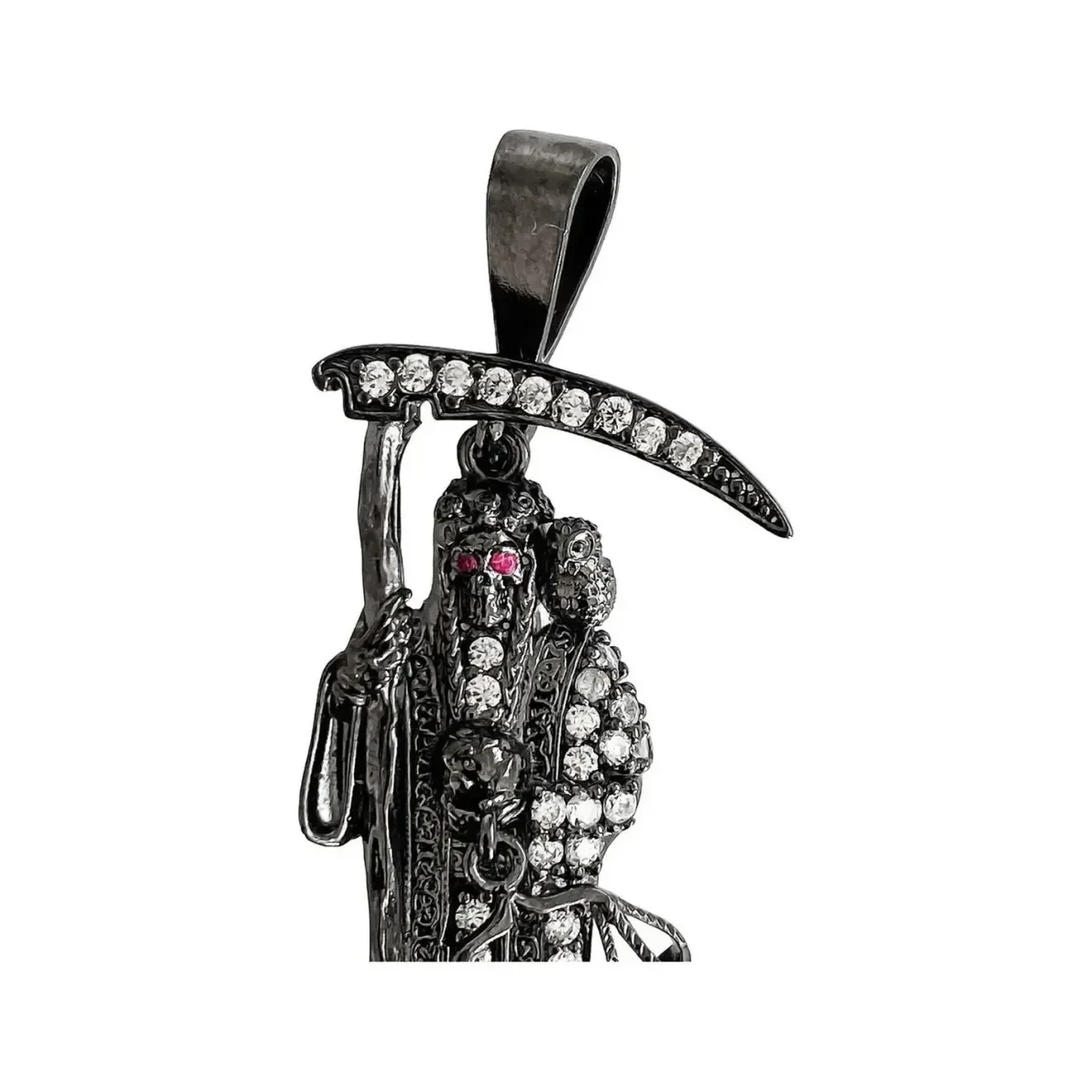 Dije Medalla Santa Muerte de Plata .999 con Zirconias Negras 50x22 mm - Imagen 4