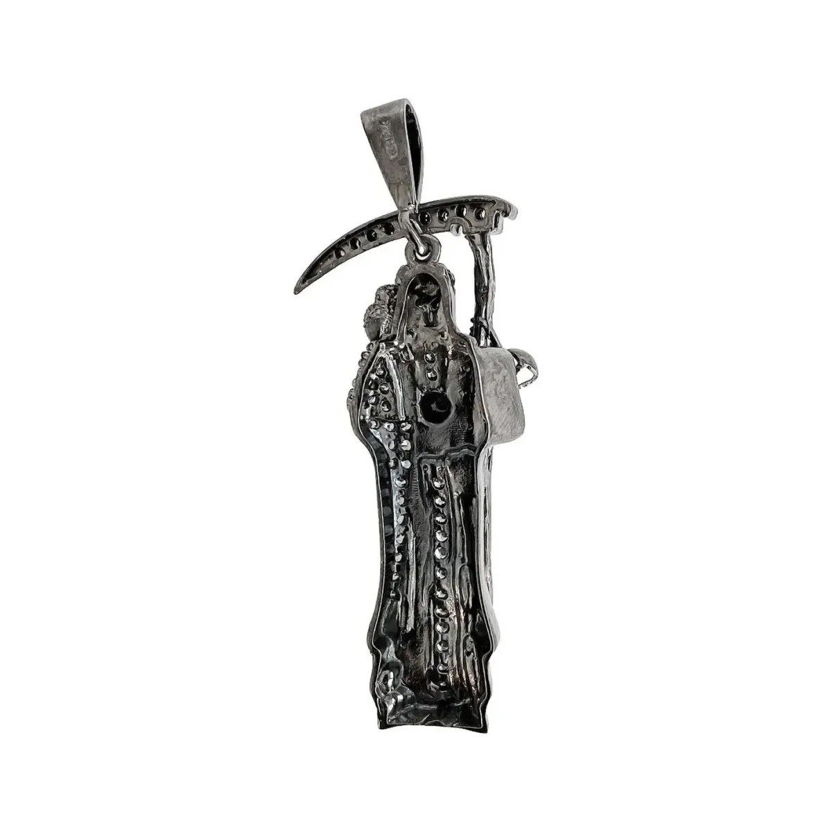 Dije Medalla Santa Muerte de Plata .999 con Zirconias Negras 50x22 mm - Imagen 5