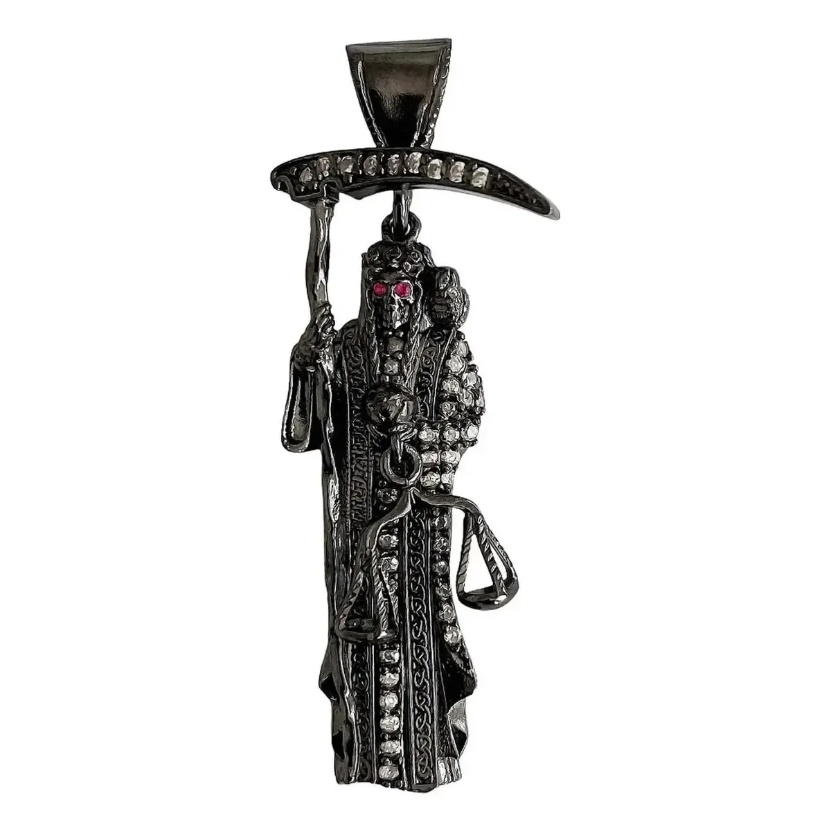 Dije Medalla Santa Muerte Plata .999 con Zirconia Negra, joyería de protección unisex. Amuleto mexicano con diseño gótico.