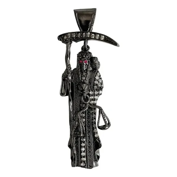 Dije Medalla Santa Muerte Plata 999 Zirconia Negra Unisex - Imagen 1