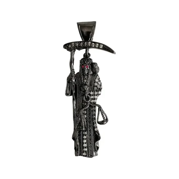 Dije Medalla Santa Muerte Plata 999 Zirconia Negra Unisex - Imagen 1