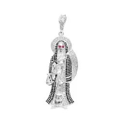 Dije Medalla Santa Muerte Plata 925 Zirconias Negras Grande - Imagen 1