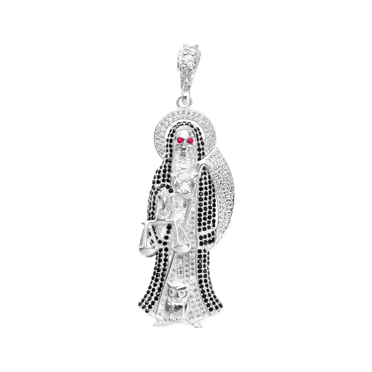 Dije Medalla Santa Muerte Plata .925 con zirconias negras grandes. Colgante de plata 925, joyería esotérica mexicana, diseño