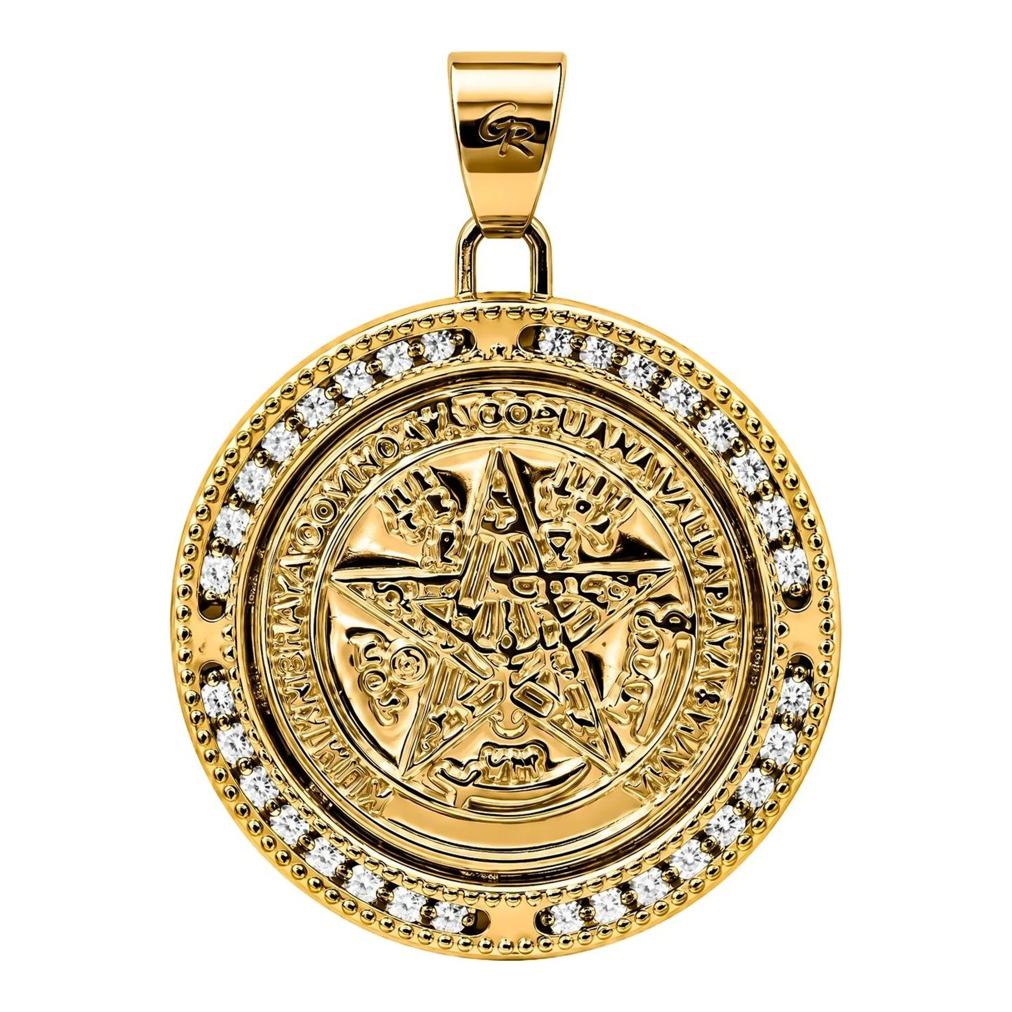 Dije medalla Tetragrámaton de oro 10k con zirconias de 25 mm acabado pulido - Joyaris joyería fina mexicana