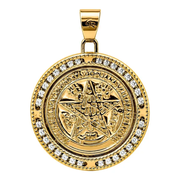 Dije medalla Tetragrámaton de oro 10k con zirconias de 25 mm acabado pulido - Joyaris joyería fina mexicana