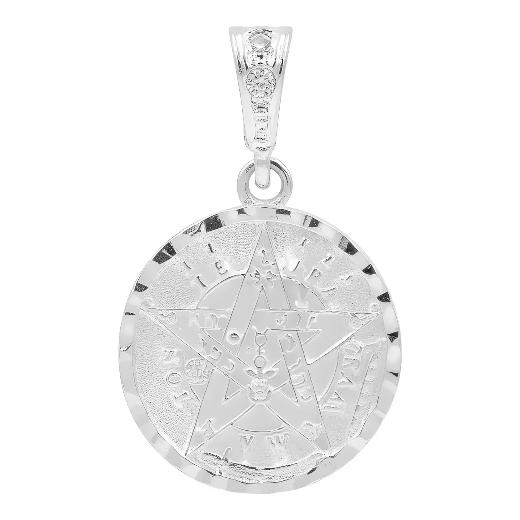 Dije medalla tetragramaton en plata ley .925 mexicana con zirconia blanca brillante y grabado esotérico de protección