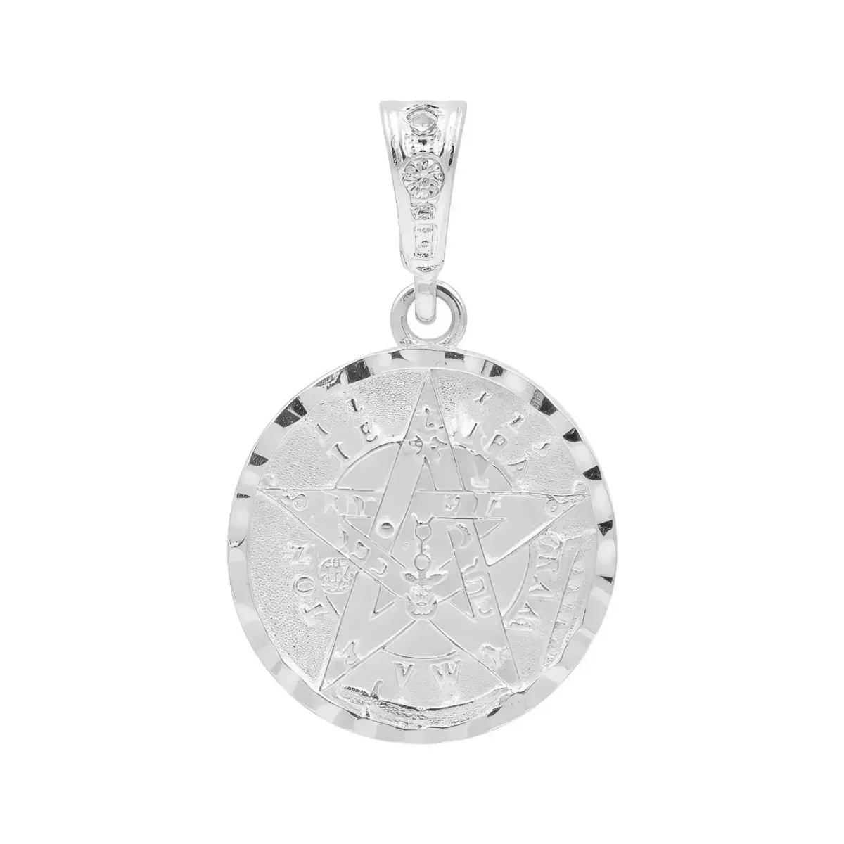 Dije Medalla Tetragrammatón de Plata Ley .925 Nacional con Zirconia Brillante. Colgante místico de protección energética con