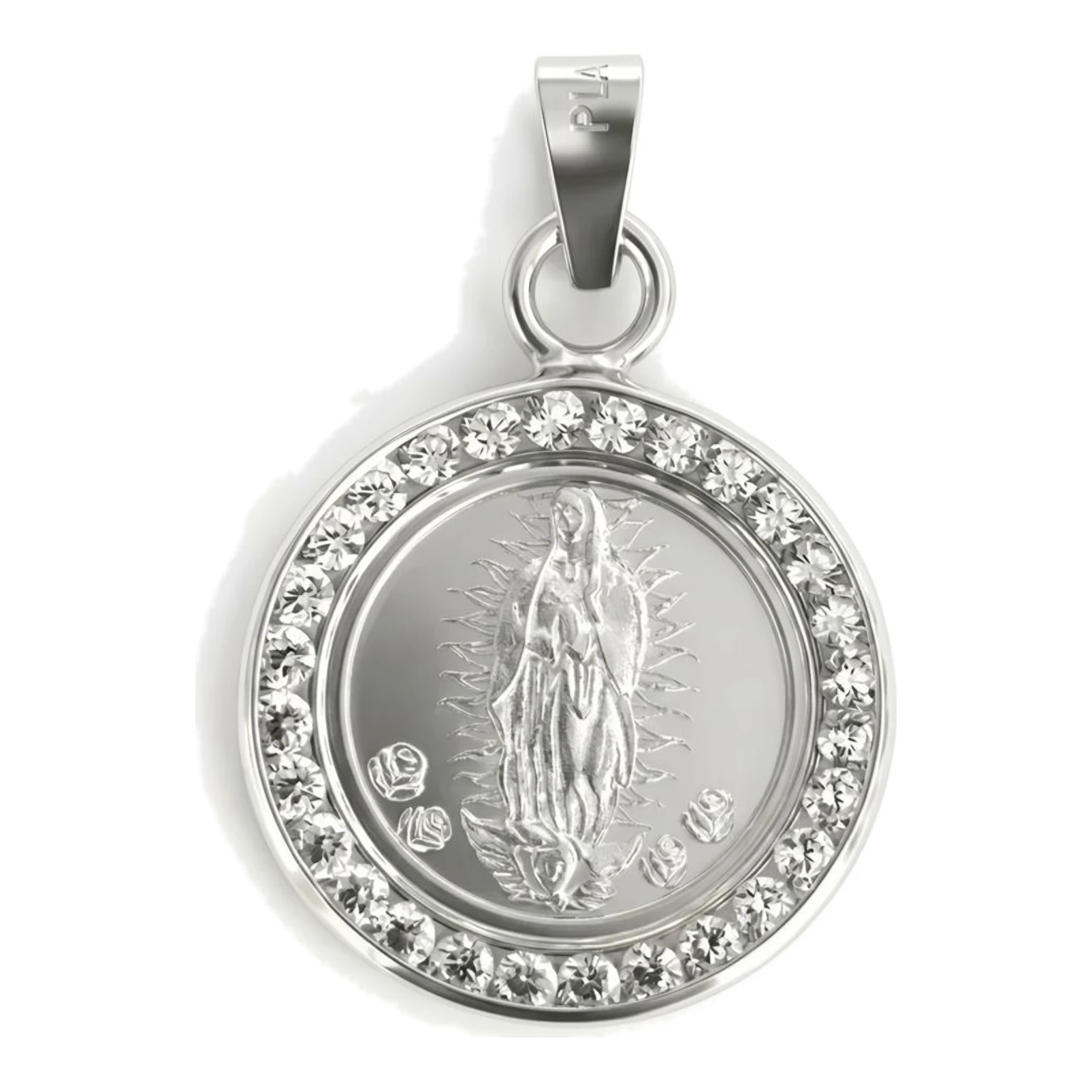 Medalla Virgen de Guadalupe en auténtica plata pura .999 con zirconias incrustadas y acabado espejo brillante para collar