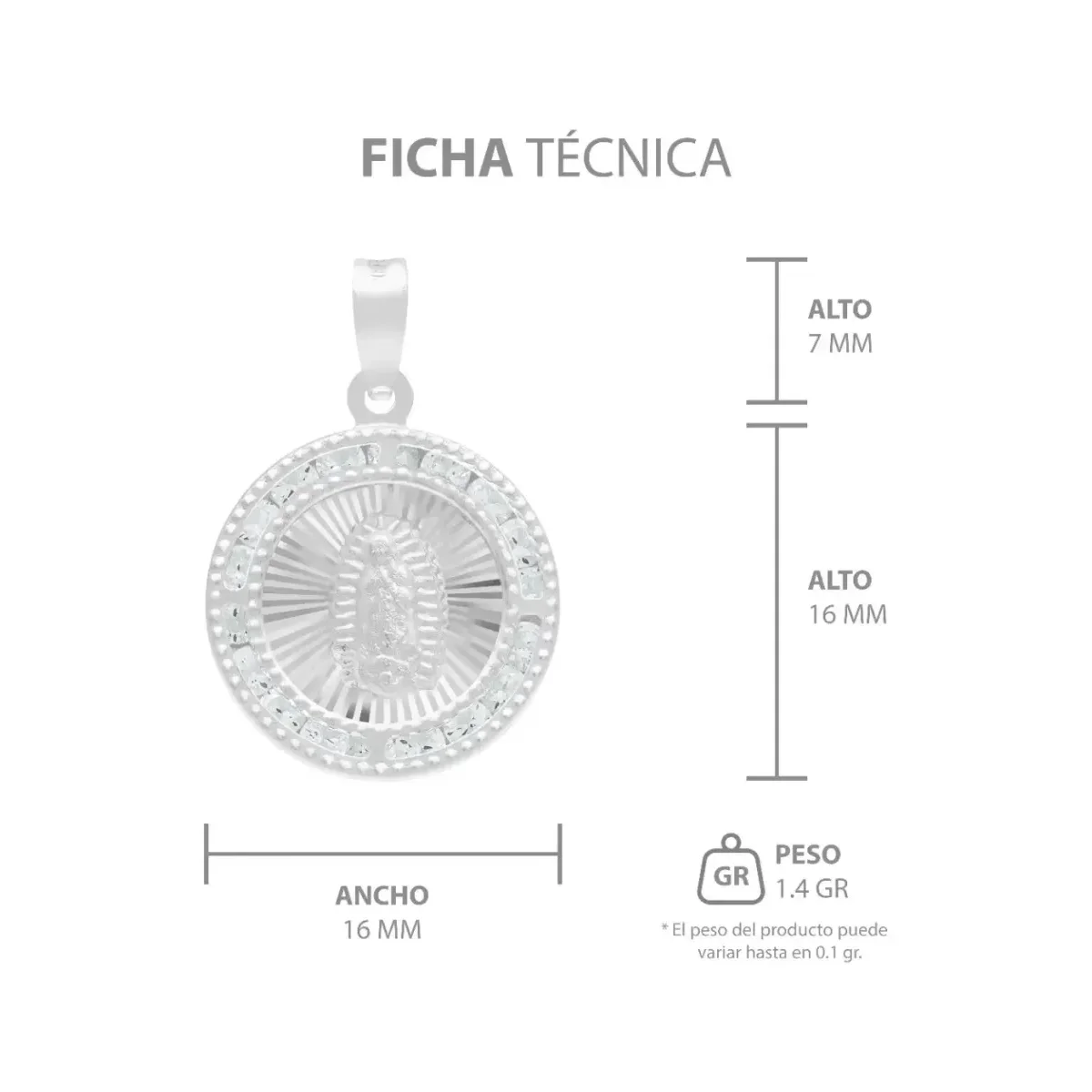 Dije Medalla Virgen de Guadalupe Plata 925 con Zirconia Transparente - Imagen 7