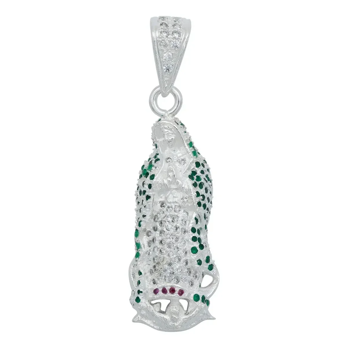 Dije Medalla Virgen de Guadalupe Plata 925 con Zirconia Verde Liso, joyería con significado, colgante de plata mexicana.