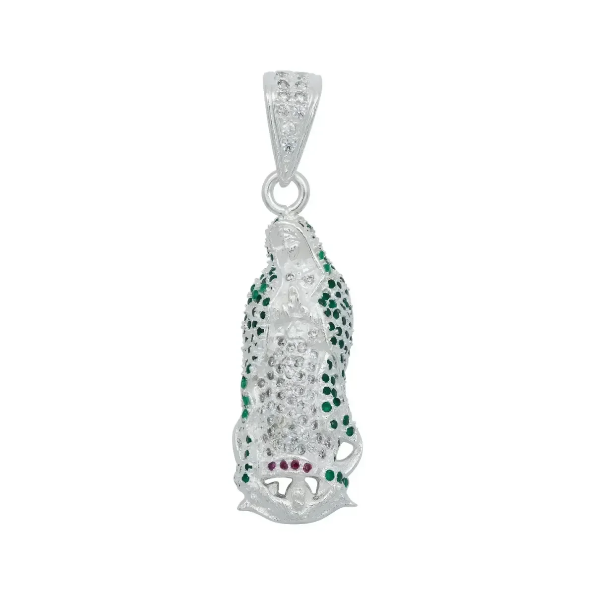 Dije Medalla Virgen de Guadalupe Plata 925 con Zirconia Verde Liso, joyería con significado, colgante de plata mexicana.