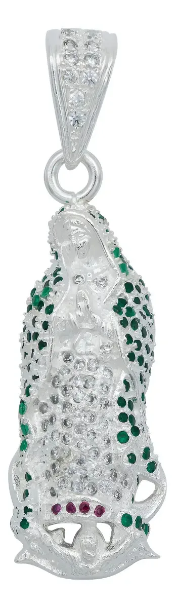 Dije Medalla Virgen de Guadalupe Plata .925 con Zirconia Verde Liso, joyería maximalista de fe, colgante de plata mexicana.