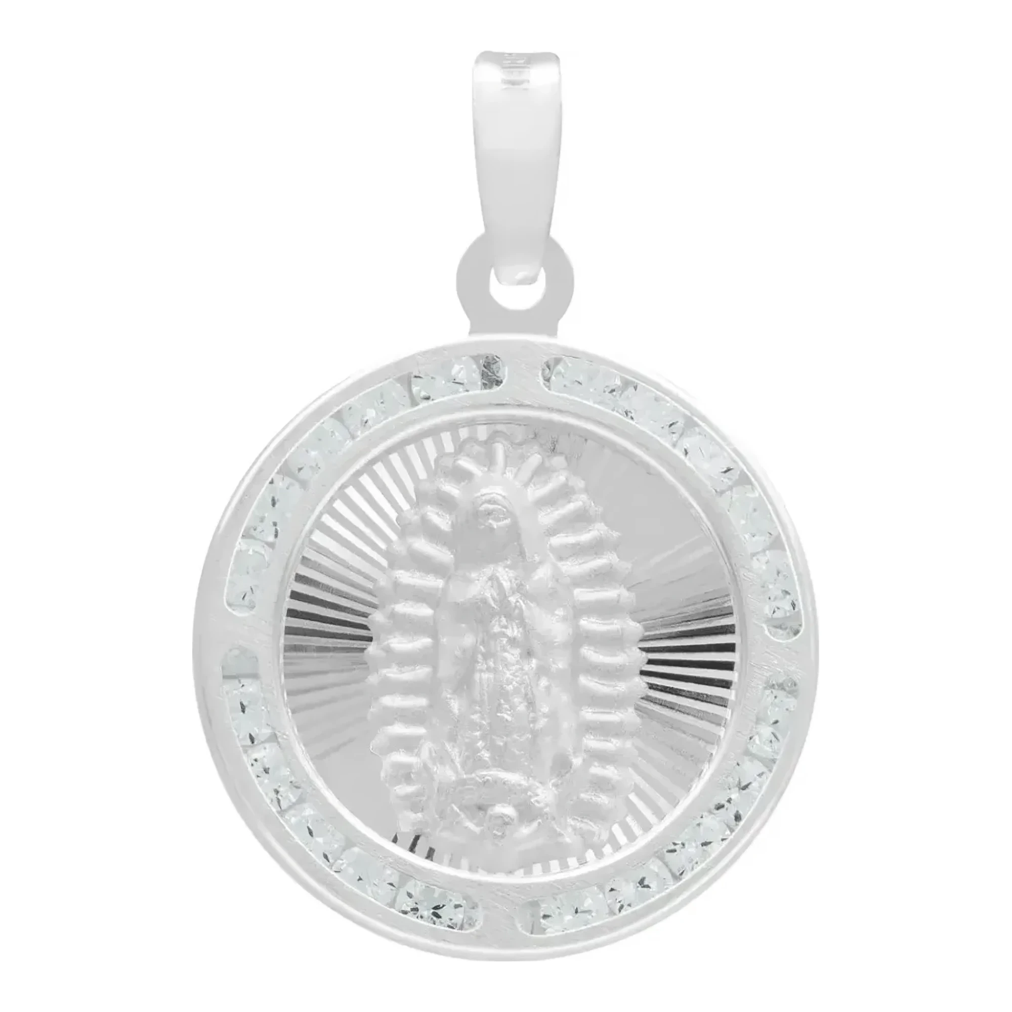 Dije medalla Virgen de Guadalupe ovalada en plata ley .925 con zirconias incrustadas y acabado liso brillante mexicano