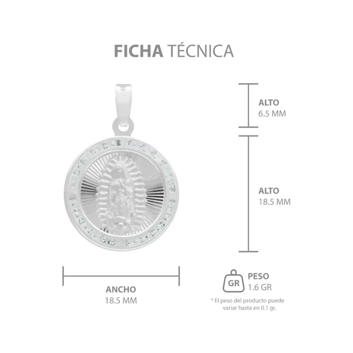 Dije Medalla Virgen de Guadalupe Plata 925 con Zirconia - Imagen 7