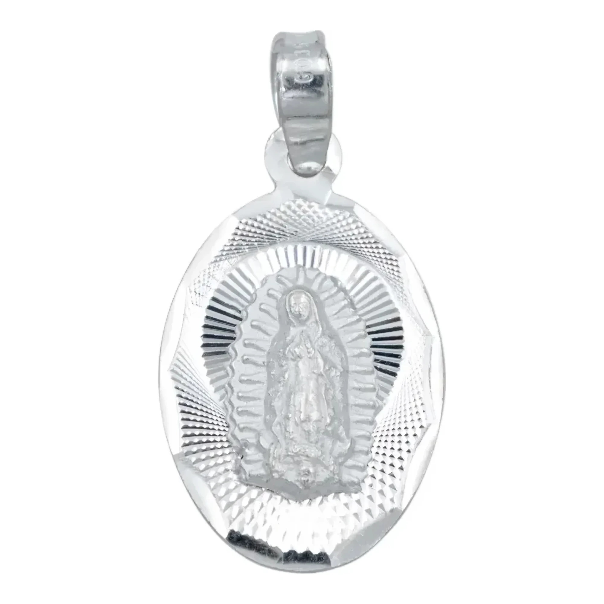 Dije medalla virgen de guadalupe plata 925 con acabado diamantado brillante, orfebrería religiosa y broche perico Joyaris
