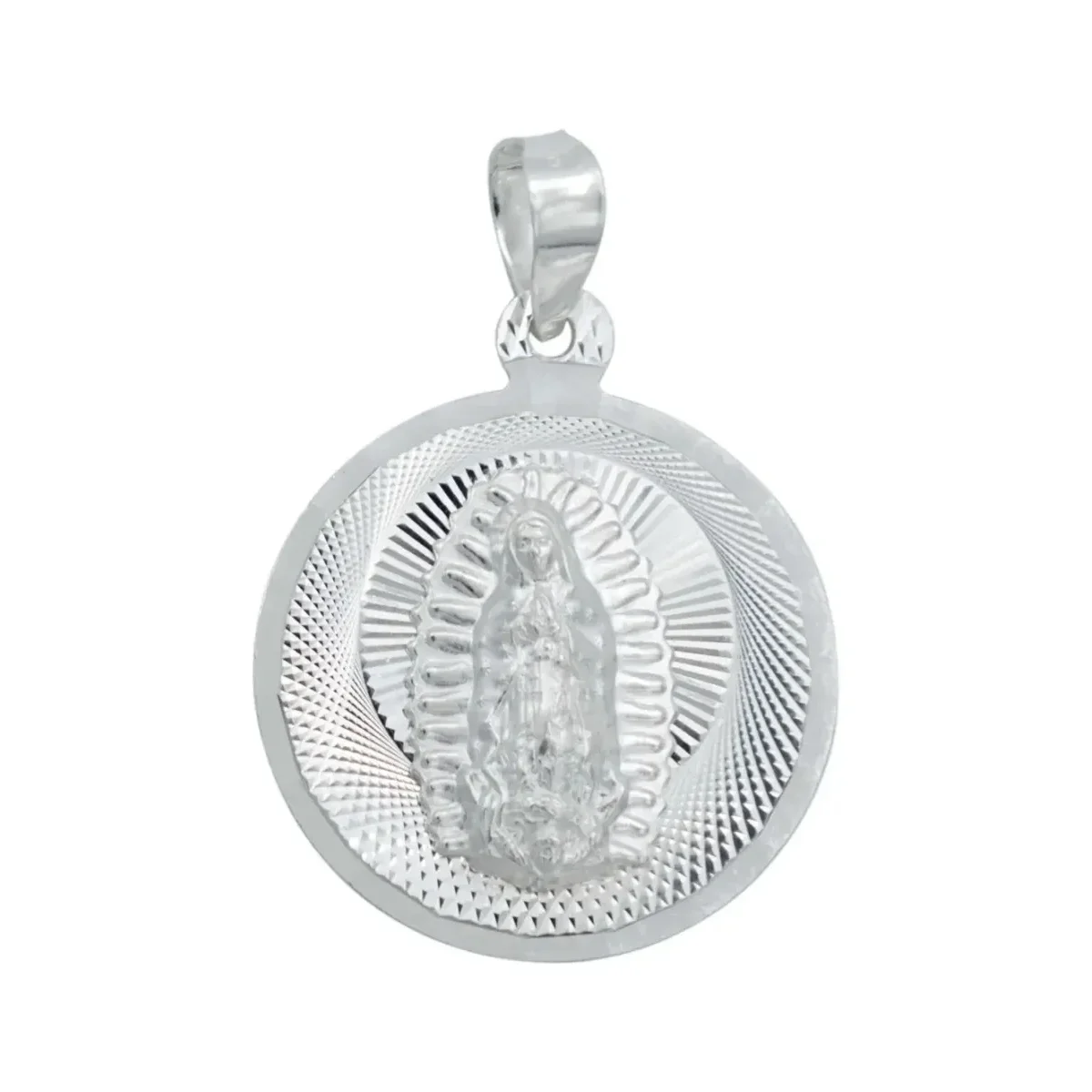 Dije Medalla Virgen de Guadalupe Plata Ley .925 certificada, diseño diamantado. Joyería católica moderna, colgante religioso.